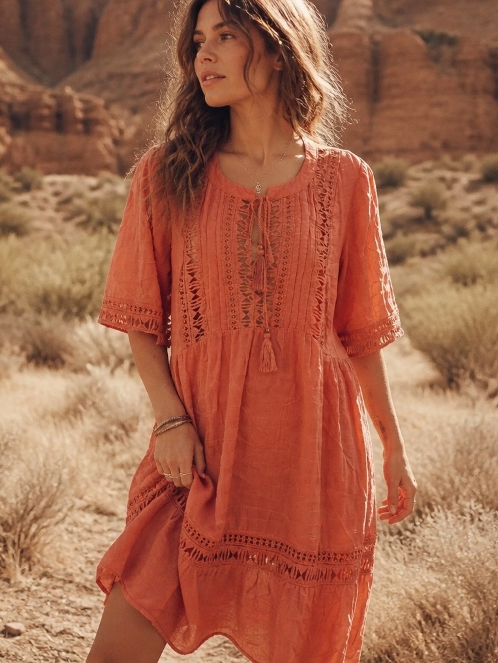 Knox Rose Coral Crochet Tie-Front Tunic
